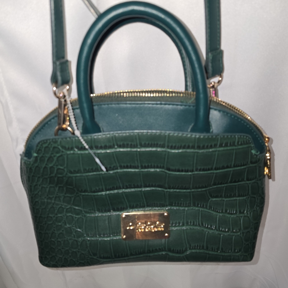 BEBE  3 DEVIDER CROCODILE SKIN GREEN LEATHER SMALL SATCHEL BAG